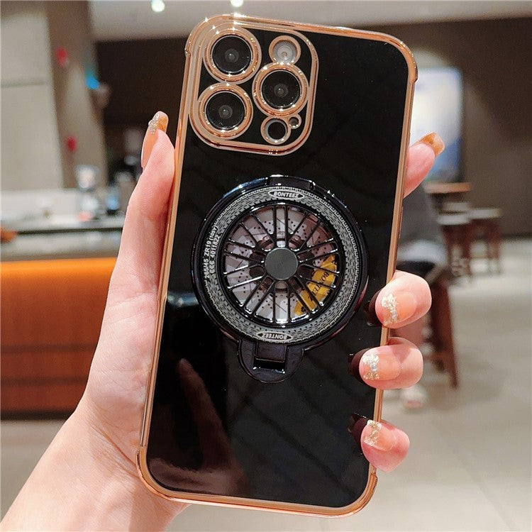 For iPhone 16 Pro Case Electroplating Gyro Design Kickstand Soft TPU Phone Cover - Black