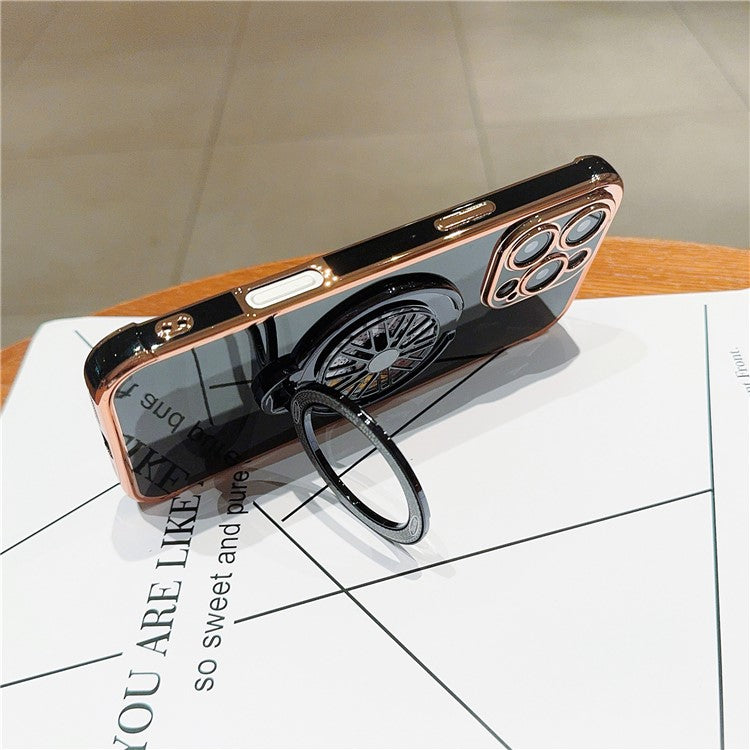 For iPhone 16 Pro Case Electroplating Gyro Design Kickstand Soft TPU Phone Cover - Black