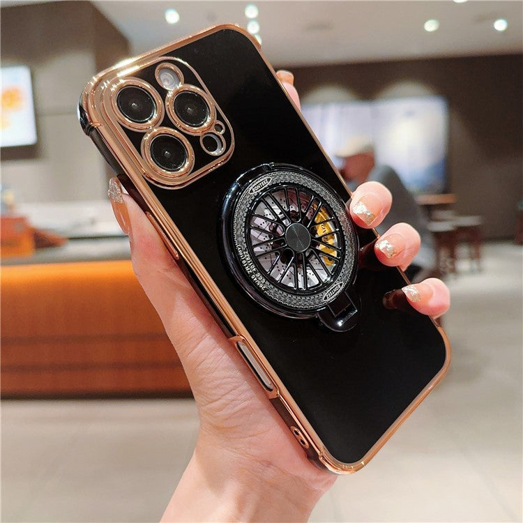 For iPhone 16 Pro Case Electroplating Gyro Design Kickstand Soft TPU Phone Cover - Black