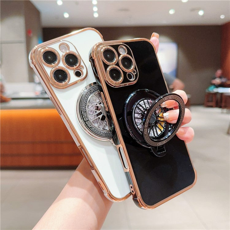 For iPhone 16 Pro Case Electroplating Gyro Design Kickstand Soft TPU Phone Cover - Black