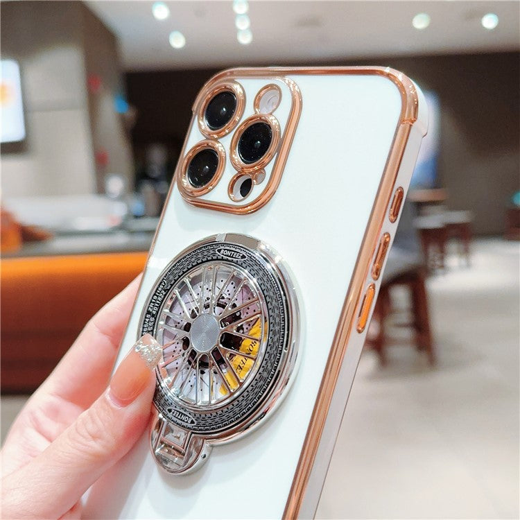 For iPhone 16 Pro Case Electroplating Gyro Design Kickstand Soft TPU Phone Cover - Black