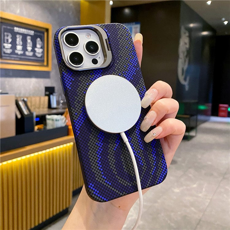 For iPhone 16 Pro Case Compatible with MagSafe Flame Pattern Hard PC Phone Cover with Lens Frame Kickstand - Blue
