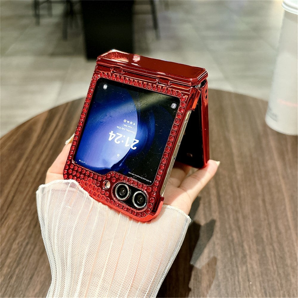 For Samsung Galaxy Z Flip7 FE 5G / Z Flip6 5G Case Plaid Texture Rhinestone Decor Hinge Protection PC Phone Cover - Red