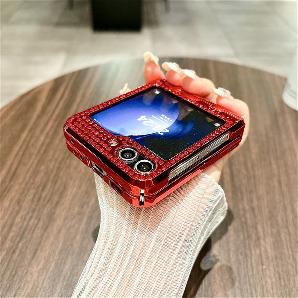 For Samsung Galaxy Z Flip7 FE 5G / Z Flip6 5G Case Plaid Texture Rhinestone Decor Hinge Protection PC Phone Cover - Red