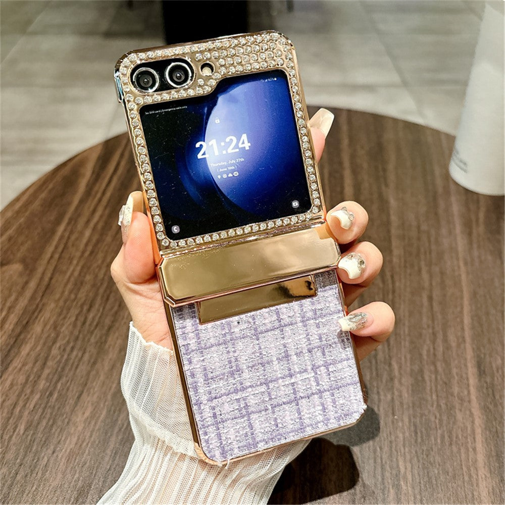 For Samsung Galaxy Z Flip7 FE 5G / Z Flip6 5G Case Plaid Texture Rhinestone Decor Hinge Protection PC Phone Cover - Purple