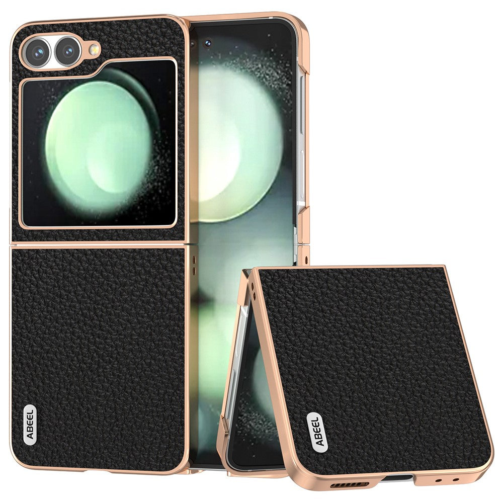 ABEEL For Samsung Galaxy Z Flip7 FE 5G / Z Flip6 5G Case Electroplating Phone Cover Star Series Genuine Cow Leather+TPU Protective Case - Black