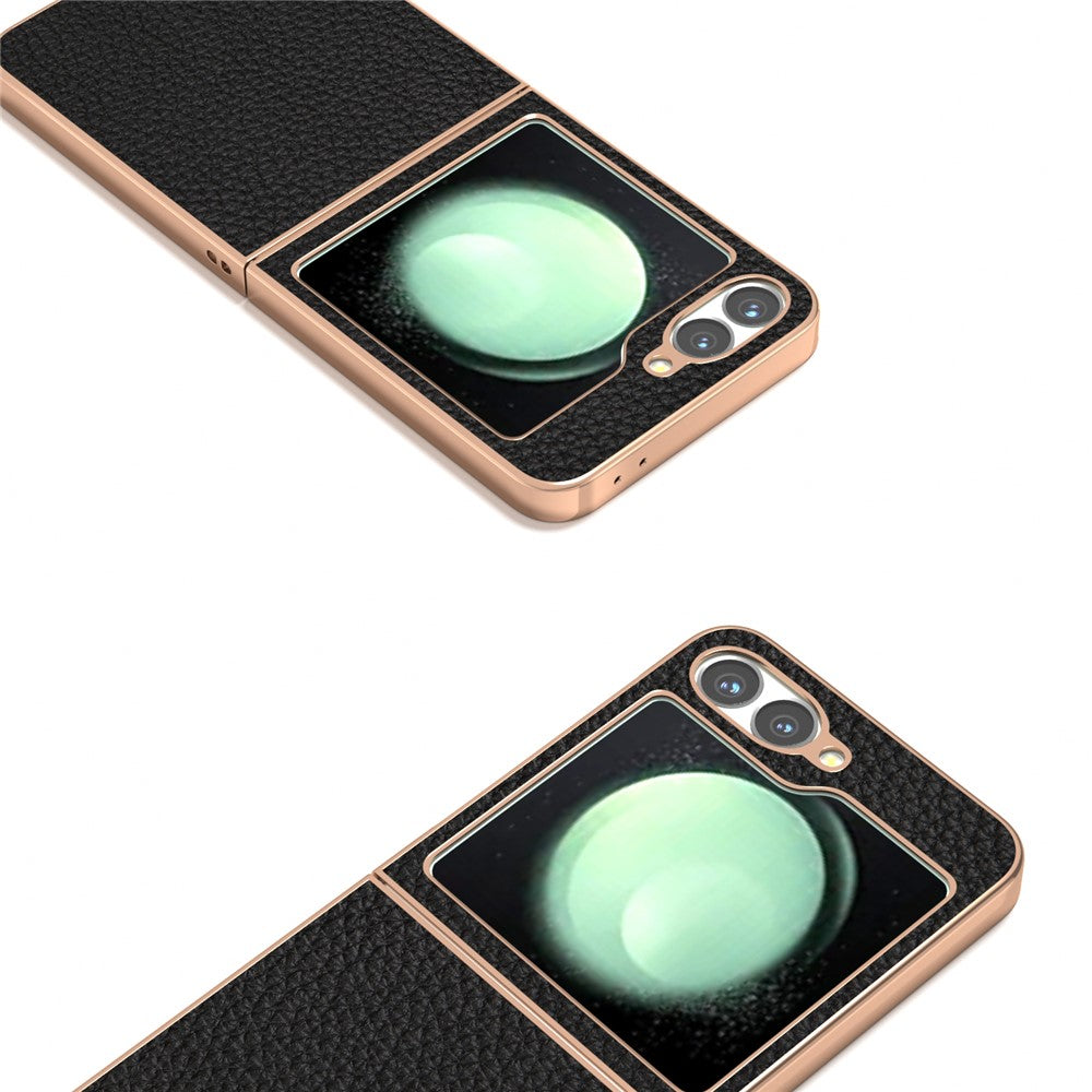 ABEEL For Samsung Galaxy Z Flip7 FE 5G / Z Flip6 5G Case Electroplating Phone Cover Star Series Genuine Cow Leather+TPU Protective Case - Black