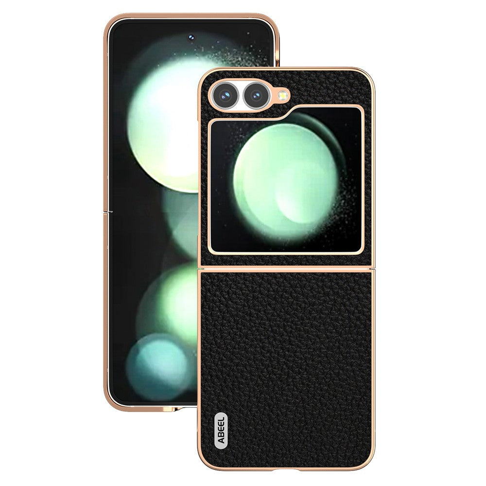 ABEEL For Samsung Galaxy Z Flip7 FE 5G / Z Flip6 5G Case Electroplating Phone Cover Star Series Genuine Cow Leather+TPU Protective Case - Black