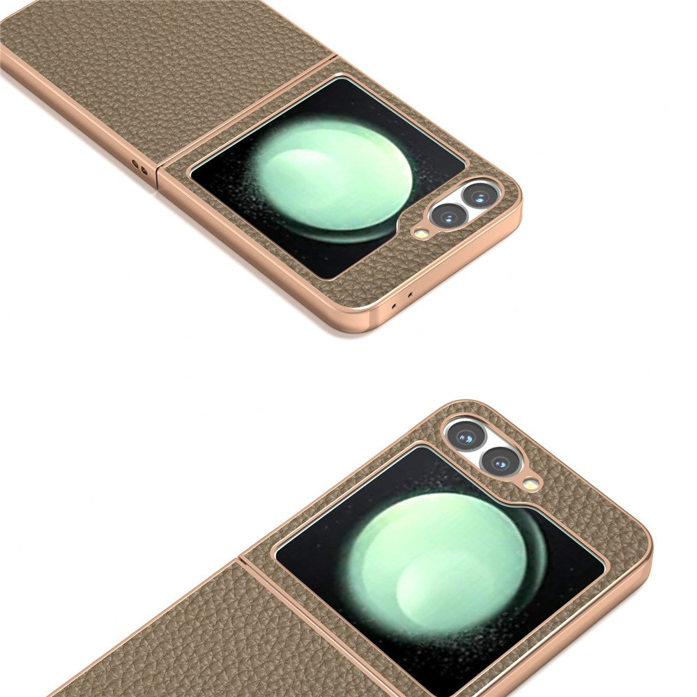 ABEEL For Samsung Galaxy Z Flip7 FE 5G / Z Flip6 5G Case Electroplating Phone Cover Star Series Genuine Cow Leather+TPU Protective Case - Brown