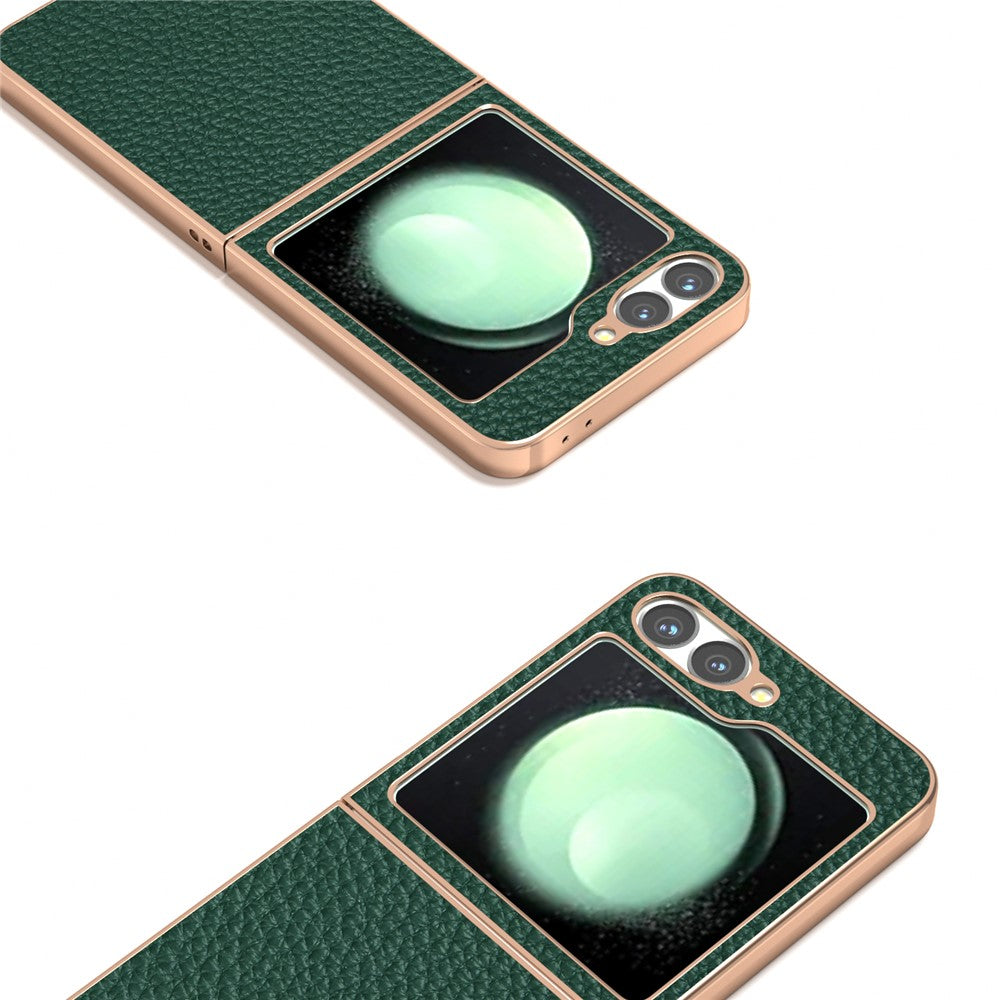 ABEEL For Samsung Galaxy Z Flip7 FE 5G / Z Flip6 5G Case Electroplating Phone Cover Star Series Genuine Cow Leather+TPU Protective Case - Green