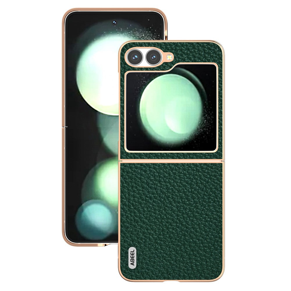 ABEEL For Samsung Galaxy Z Flip7 FE 5G / Z Flip6 5G Case Electroplating Phone Cover Star Series Genuine Cow Leather+TPU Protective Case - Green