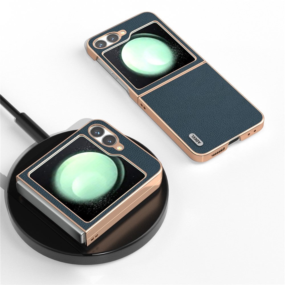 ABEEL For Samsung Galaxy Z Flip7 FE 5G / Z Flip6 5G Case Electroplating Phone Cover Horizon Series Genuine Cow Leather+TPU Protective Case - Green