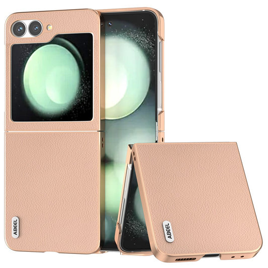 ABEEL For Samsung Galaxy Z Flip7 FE 5G / Z Flip6 5G Case Electroplating Phone Cover Horizon Series Genuine Cow Leather+TPU Protective Case - Pink