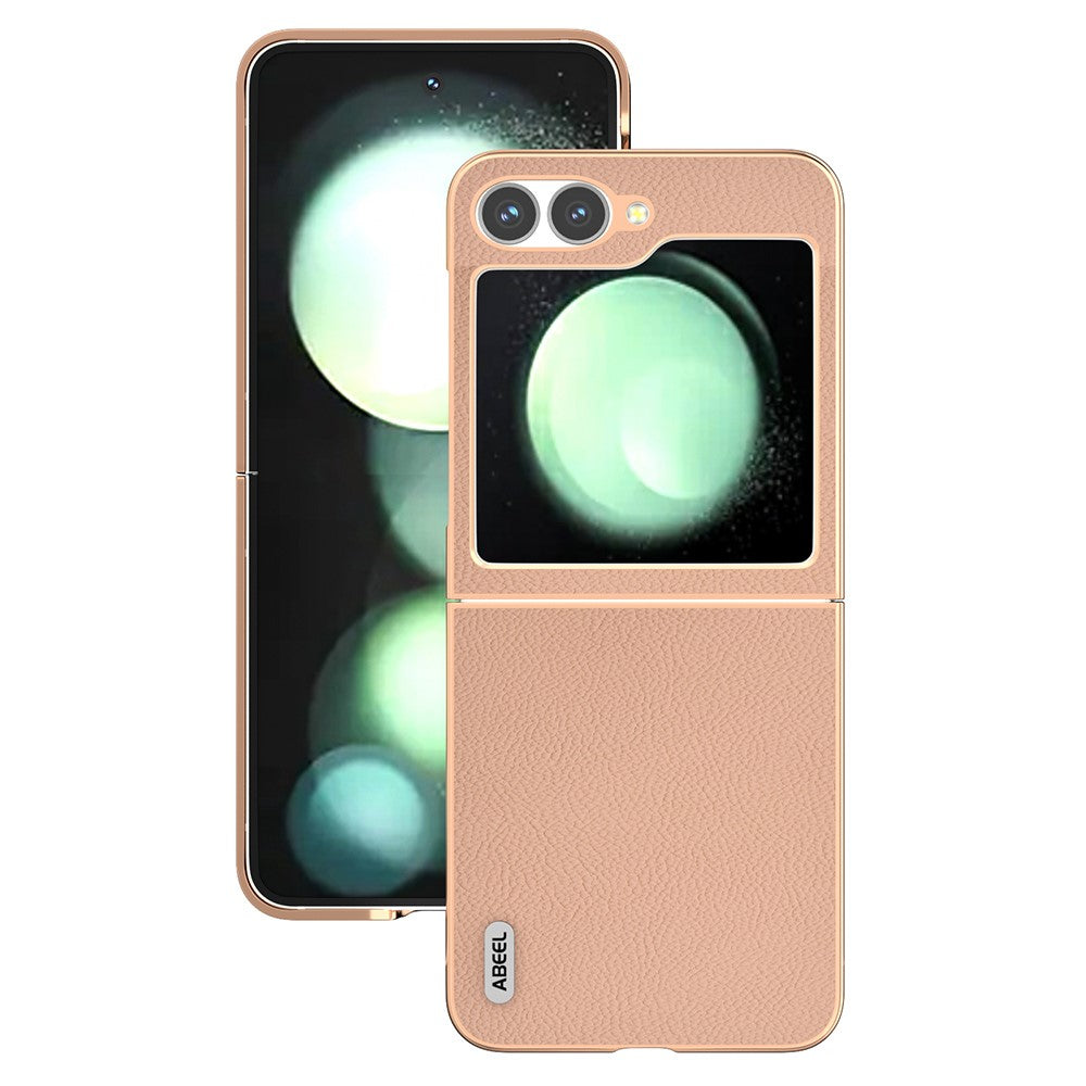 ABEEL For Samsung Galaxy Z Flip7 FE 5G / Z Flip6 5G Case Electroplating Phone Cover Horizon Series Genuine Cow Leather+TPU Protective Case - Pink
