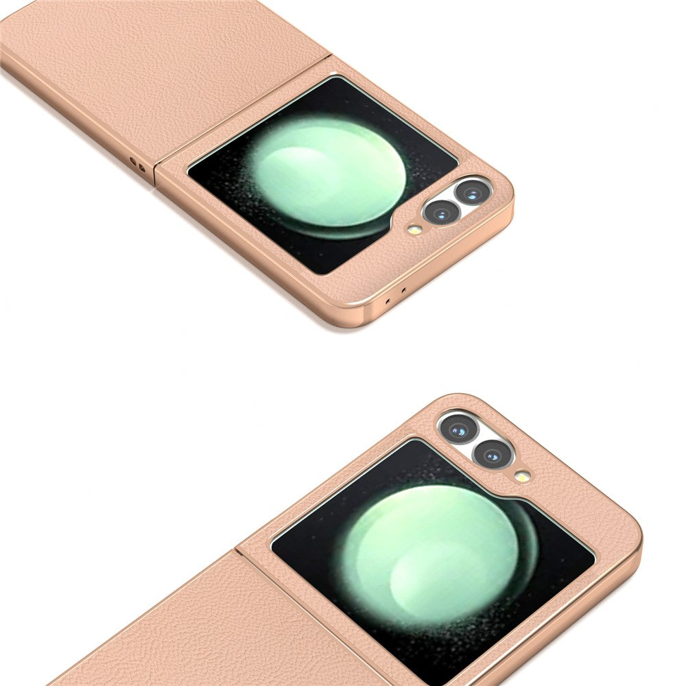 ABEEL For Samsung Galaxy Z Flip7 FE 5G / Z Flip6 5G Case Electroplating Phone Cover Horizon Series Genuine Cow Leather+TPU Protective Case - Pink