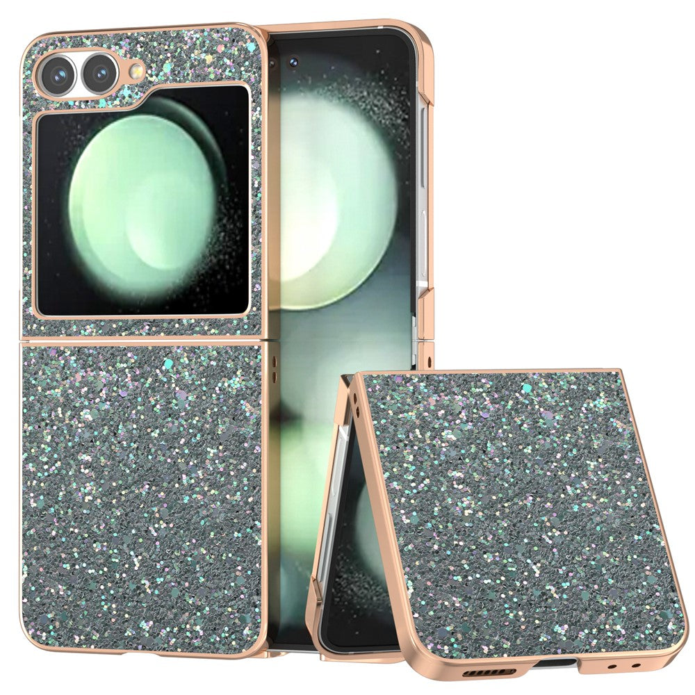 For Samsung Galaxy Z Flip7 FE 5G / Z Flip6 5G Case Electroplating Phone Cover Colored Glitter Design PU+TPU Protective Case - Rock Pine Green