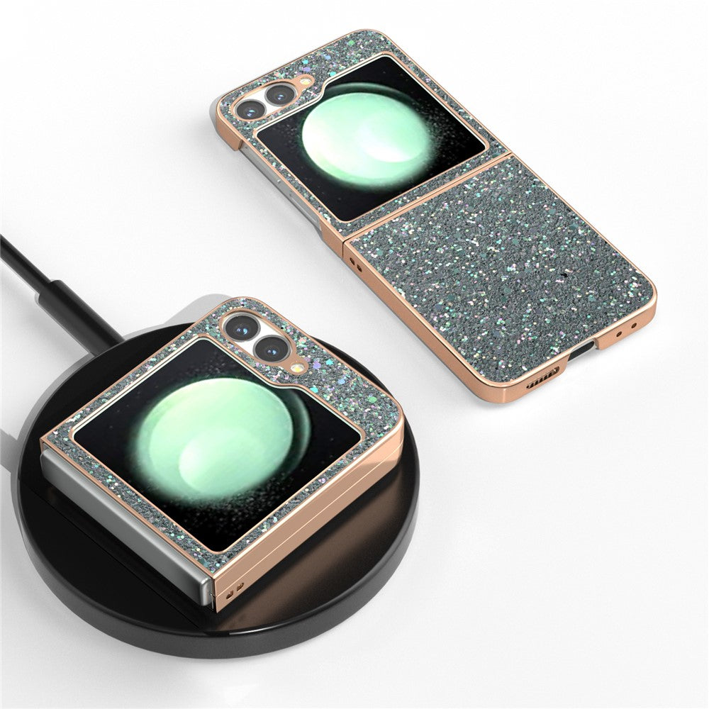 For Samsung Galaxy Z Flip7 FE 5G / Z Flip6 5G Case Electroplating Phone Cover Colored Glitter Design PU+TPU Protective Case - Rock Pine Green