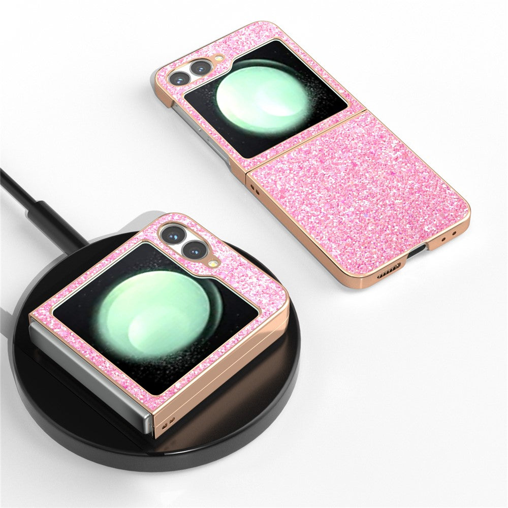 For Samsung Galaxy Z Flip7 FE 5G / Z Flip6 5G Case Electroplating Phone Cover Colored Glitter Design PU+TPU Protective Case - Rose Pink