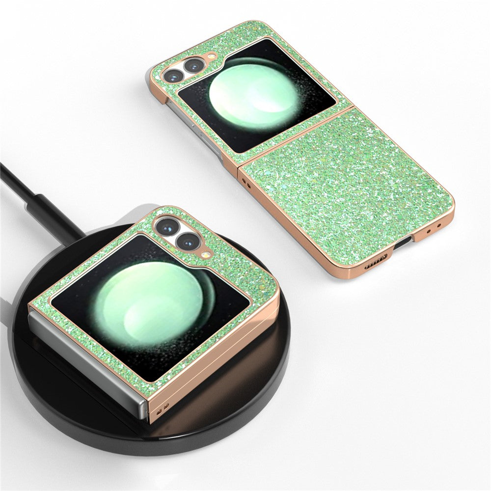 For Samsung Galaxy Z Flip7 FE 5G / Z Flip6 5G Case Electroplating Phone Cover Colored Glitter Design PU+TPU Protective Case - Lawn Green