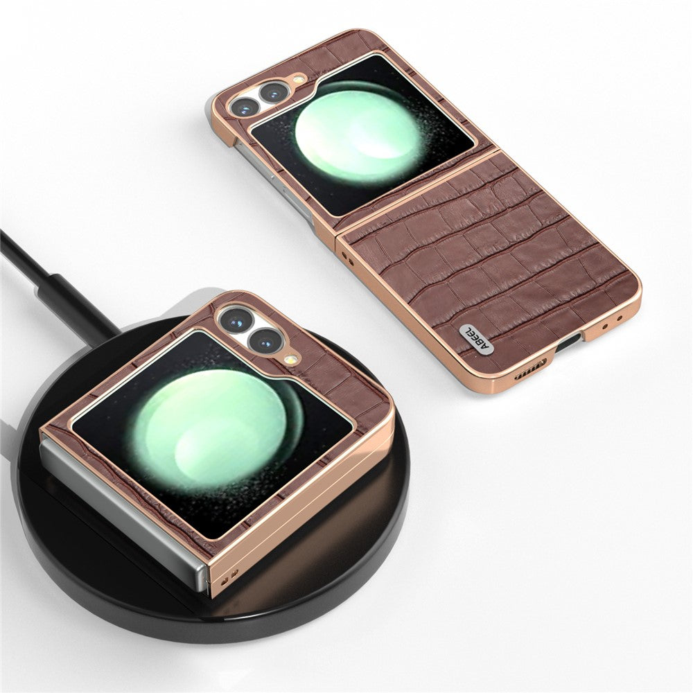 ABEEL For Samsung Galaxy Z Flip7 FE 5G / Z Flip6 5G Case Electroplating Phone Cover Crocodile Texture Genuine Cow Leather+TPU Protective Case - Brown