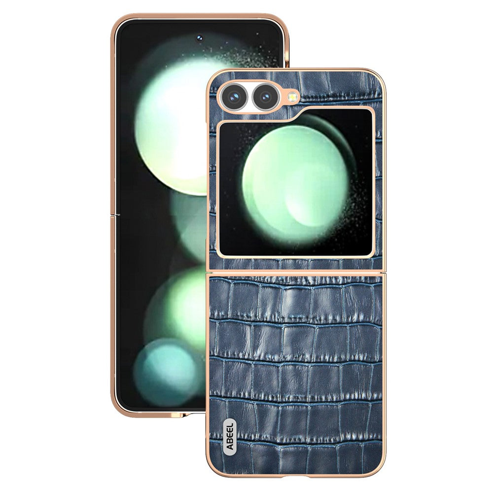 ABEEL For Samsung Galaxy Z Flip7 FE 5G / Z Flip6 5G Case Electroplating Phone Cover Crocodile Texture Genuine Cow Leather+TPU Protective Case - Blue