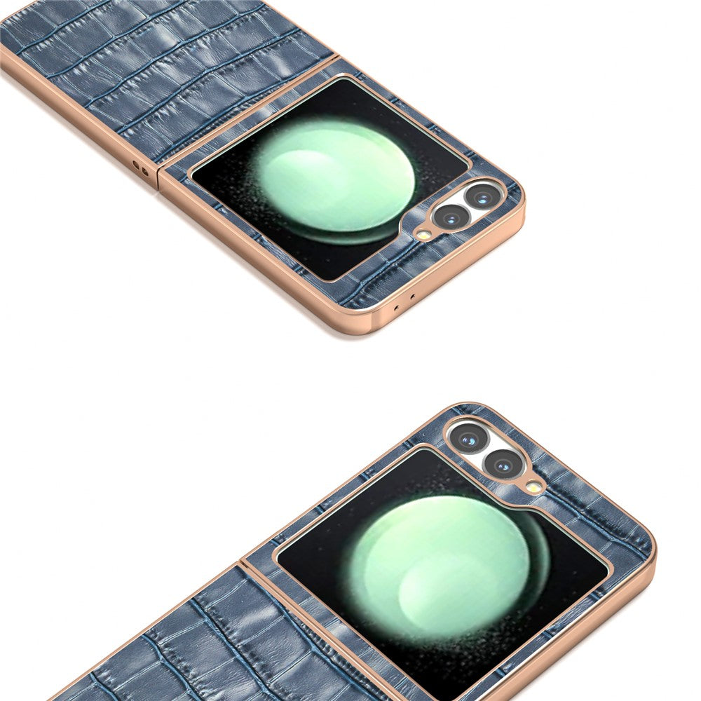 ABEEL For Samsung Galaxy Z Flip7 FE 5G / Z Flip6 5G Case Electroplating Phone Cover Crocodile Texture Genuine Cow Leather+TPU Protective Case - Blue