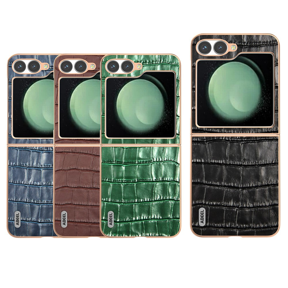 ABEEL For Samsung Galaxy Z Flip7 FE 5G / Z Flip6 5G Case Electroplating Phone Cover Crocodile Texture Genuine Cow Leather+TPU Protective Case - Blue