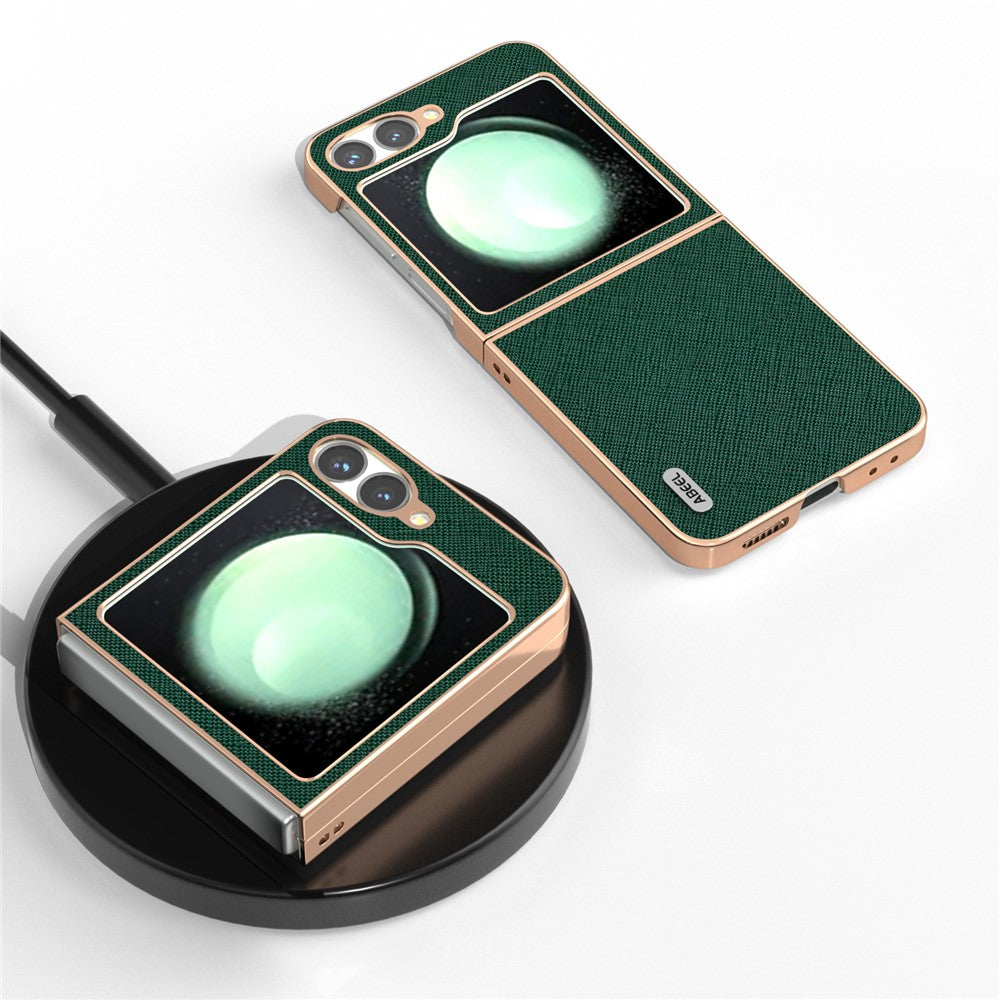 ABEEL For Samsung Galaxy Z Flip7 FE 5G / Z Flip6 5G Case Electroplating Phone Cover Cross Texture Genuine Cow Leather+TPU Protective Case - Green