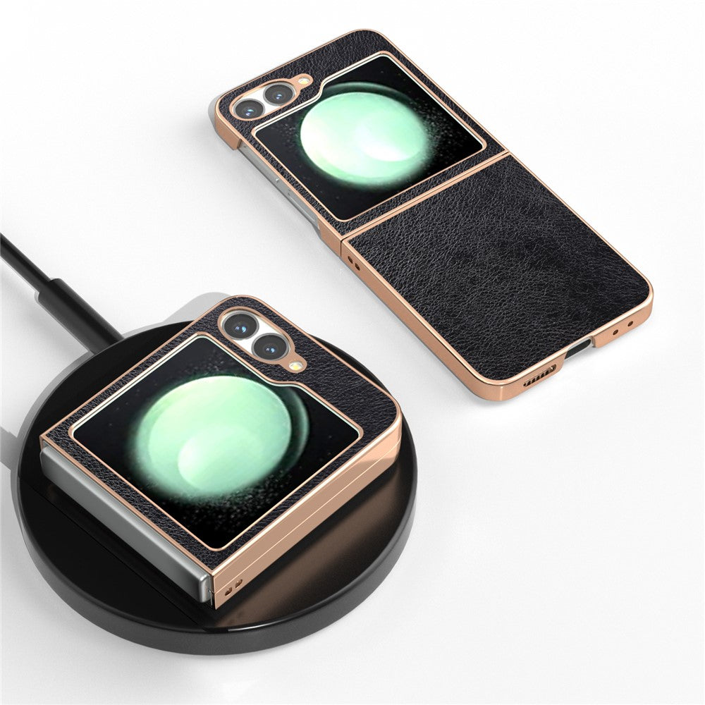 For Samsung Galaxy Z Flip7 FE 5G / Z Flip6 5G Case Electroplating Phone Cover PU Leather+TPU Litchi Texture Case - Black