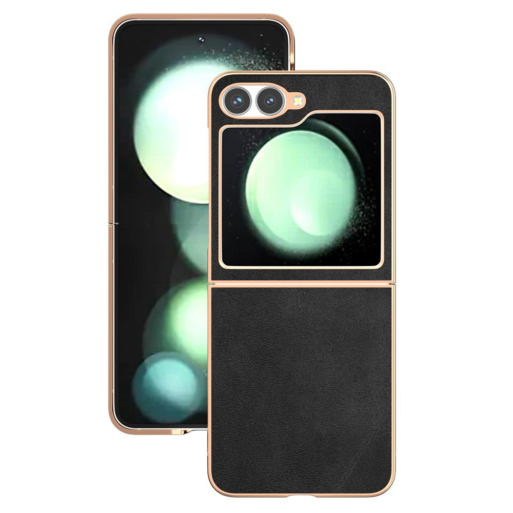 For Samsung Galaxy Z Flip7 FE 5G / Z Flip6 5G Case Electroplating Phone Cover Cowhide Texture PU+TPU Protective Case - Black