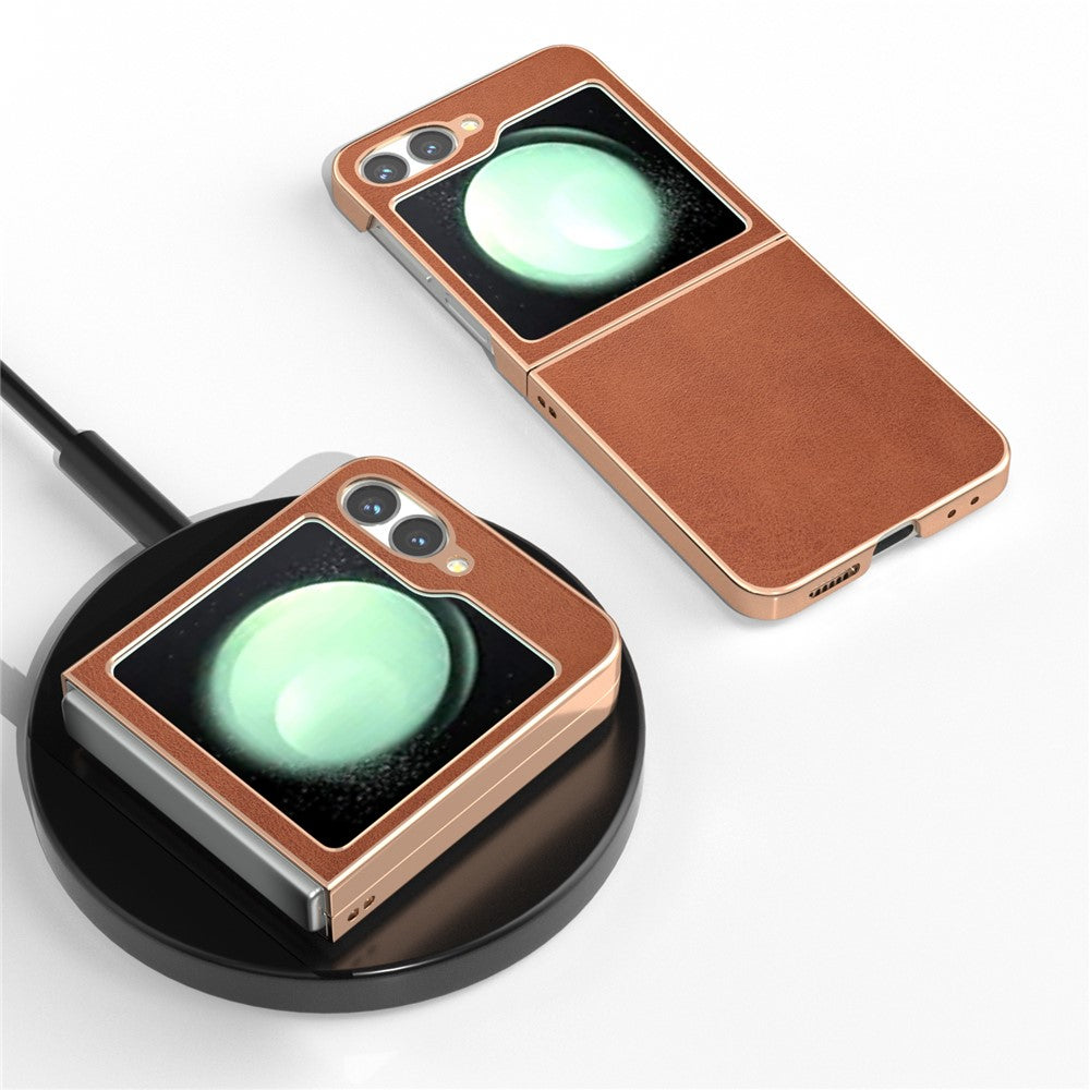 For Samsung Galaxy Z Flip7 FE 5G / Z Flip6 5G Case Electroplating Phone Cover Cowhide Texture PU+TPU Protective Case - Brown