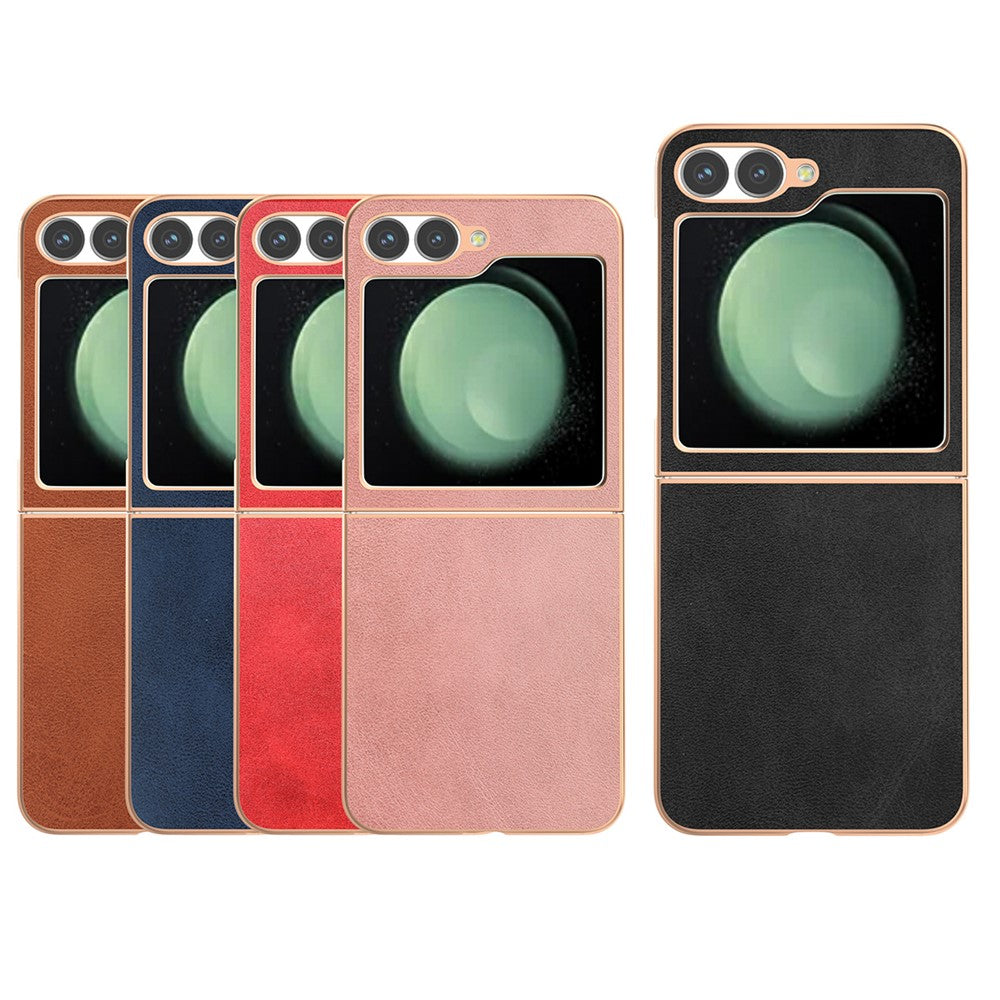 For Samsung Galaxy Z Flip7 FE 5G / Z Flip6 5G Case Electroplating Phone Cover Cowhide Texture PU+TPU Protective Case - Brown