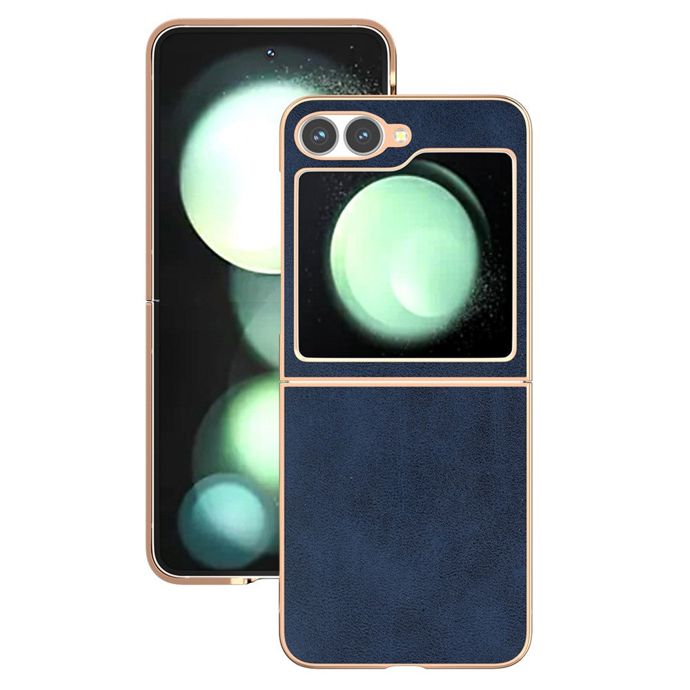 For Samsung Galaxy Z Flip7 FE 5G / Z Flip6 5G Case Electroplating Phone Cover Cowhide Texture PU+TPU Protective Case - Blue
