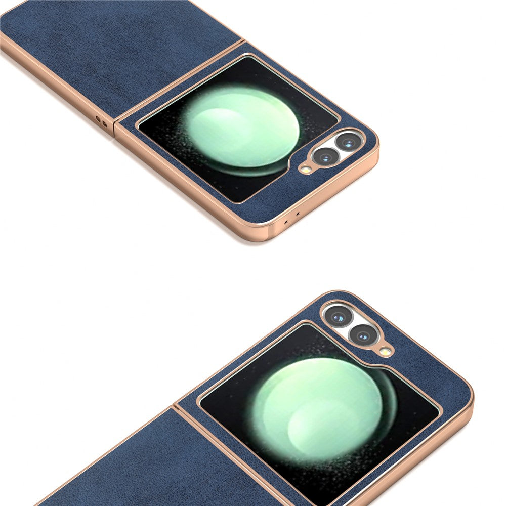 For Samsung Galaxy Z Flip7 FE 5G / Z Flip6 5G Case Electroplating Phone Cover Cowhide Texture PU+TPU Protective Case - Blue