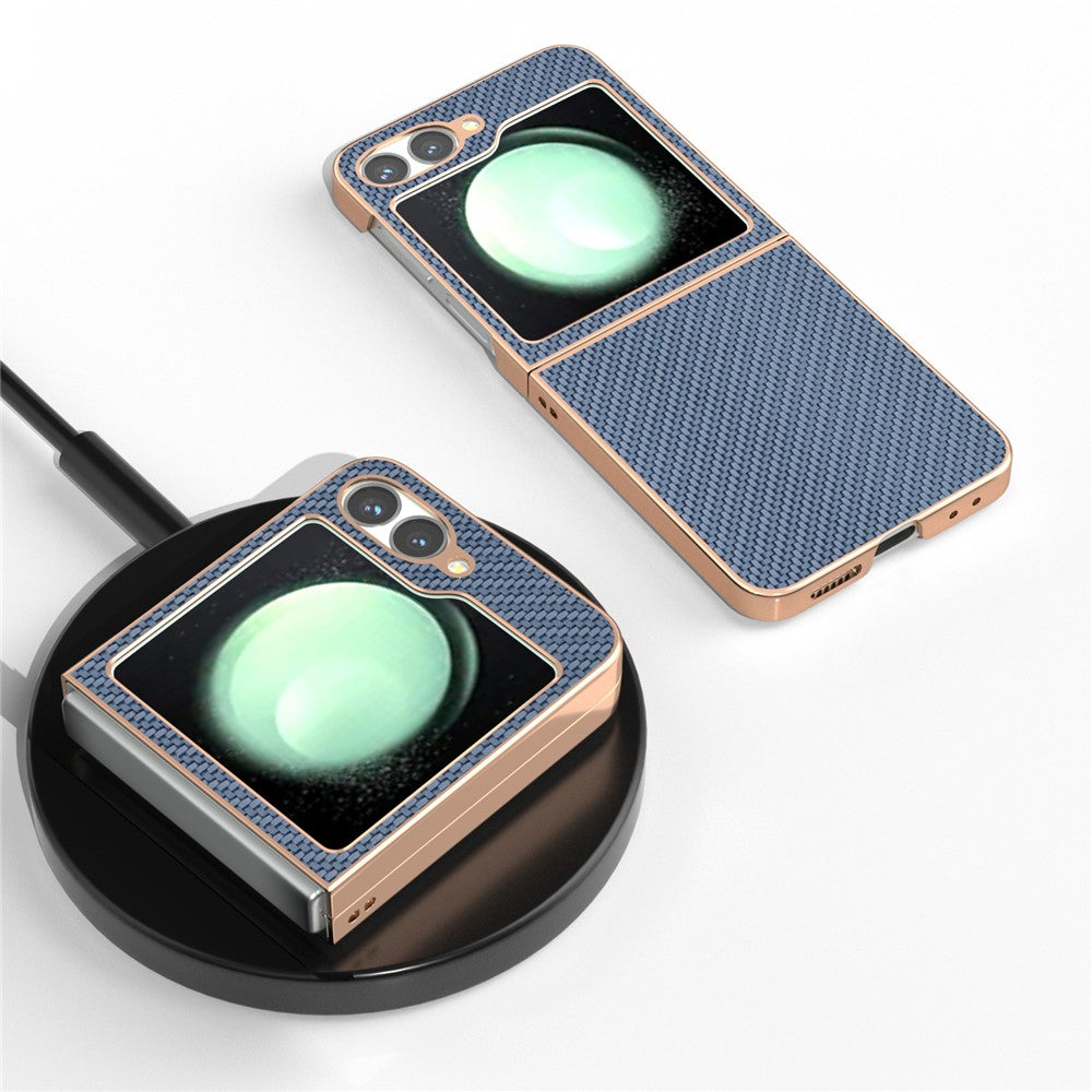 For Samsung Galaxy Z Flip7 FE 5G / Z Flip6 5G Case Electroplating Phone Cover Carbon Fiber Texture PU+TPU Protective Case - Baby Blue