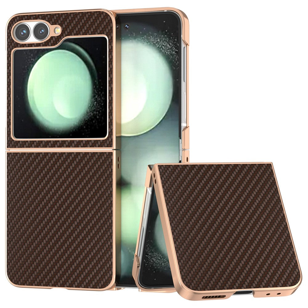 For Samsung Galaxy Z Flip7 FE 5G / Z Flip6 5G Case Electroplating Phone Cover Carbon Fiber Texture PU+TPU Protective Case - Brown