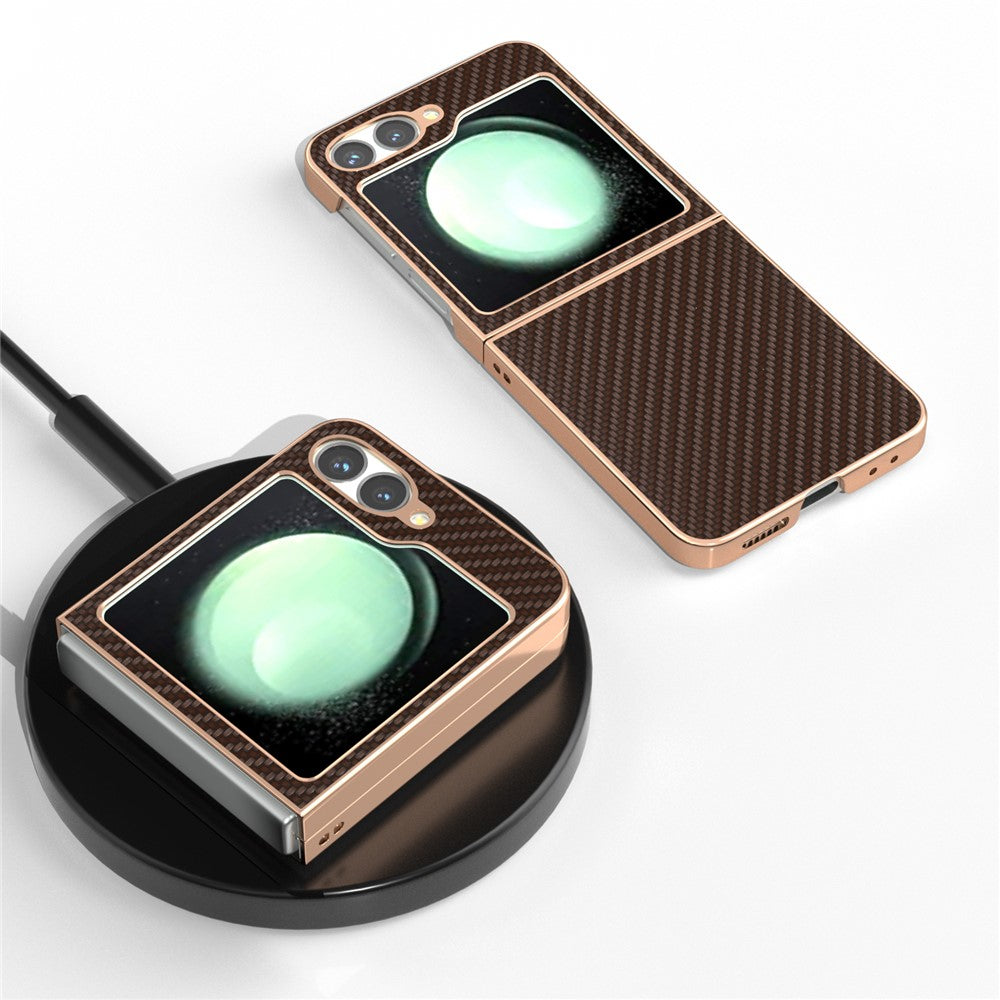 For Samsung Galaxy Z Flip7 FE 5G / Z Flip6 5G Case Electroplating Phone Cover Carbon Fiber Texture PU+TPU Protective Case - Brown