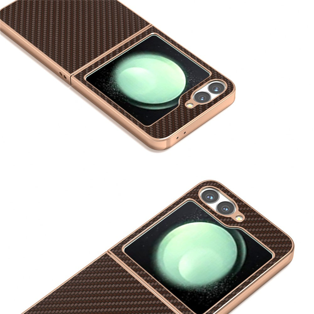 For Samsung Galaxy Z Flip7 FE 5G / Z Flip6 5G Case Electroplating Phone Cover Carbon Fiber Texture PU+TPU Protective Case - Brown