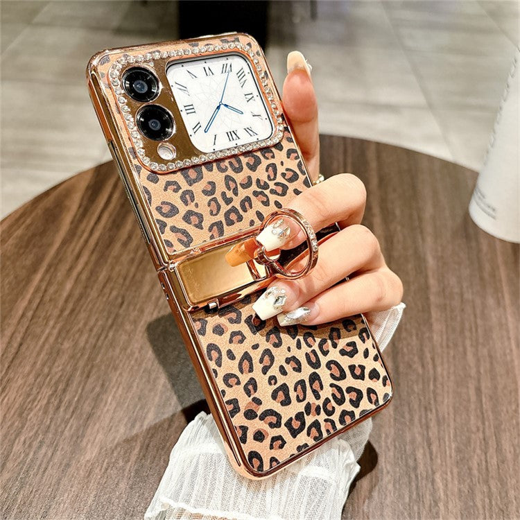 For Huawei nova Flip 5G Case Leopard Pattern Ring Holder Rhinestone Hard PC Phone Cover - Gold