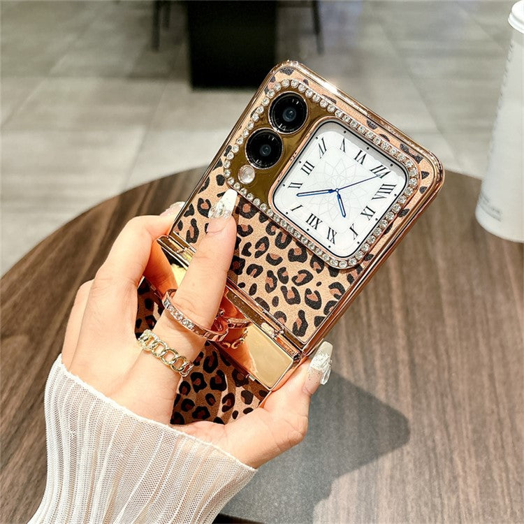 For Huawei nova Flip 5G Case Leopard Pattern Ring Holder Rhinestone Hard PC Phone Cover - Gold