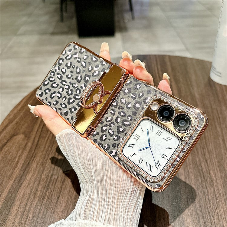 For Huawei nova Flip 5G Case Leopard Pattern Ring Holder Rhinestone Hard PC Phone Cover - Black