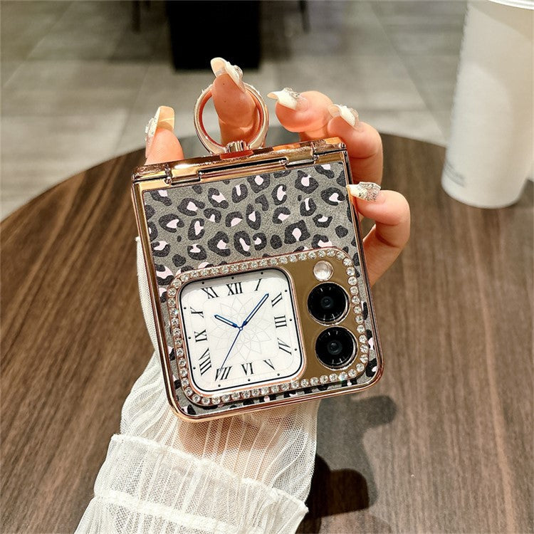 For Huawei nova Flip 5G Case Leopard Pattern Ring Holder Rhinestone Hard PC Phone Cover - Black