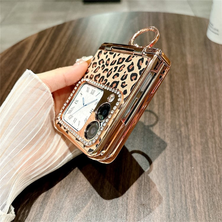 For Huawei nova Flip 5G Case Leopard Pattern Ring Holder Rhinestone Hard PC Phone Cover - Black