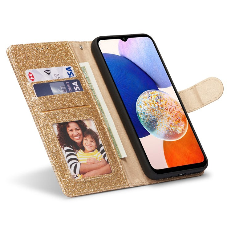 For Samsung Galaxy A54 5G Glitter Leather Case with Diamond Love Heart Wallet Stand Flip Cover - Gold