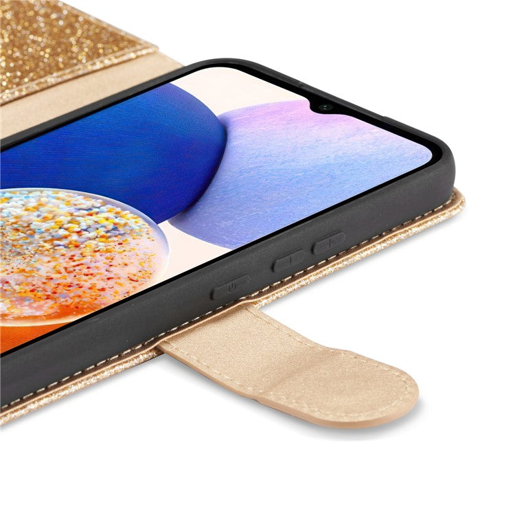 For Samsung Galaxy A54 5G Glitter Leather Case with Diamond Love Heart Wallet Stand Flip Cover - Gold