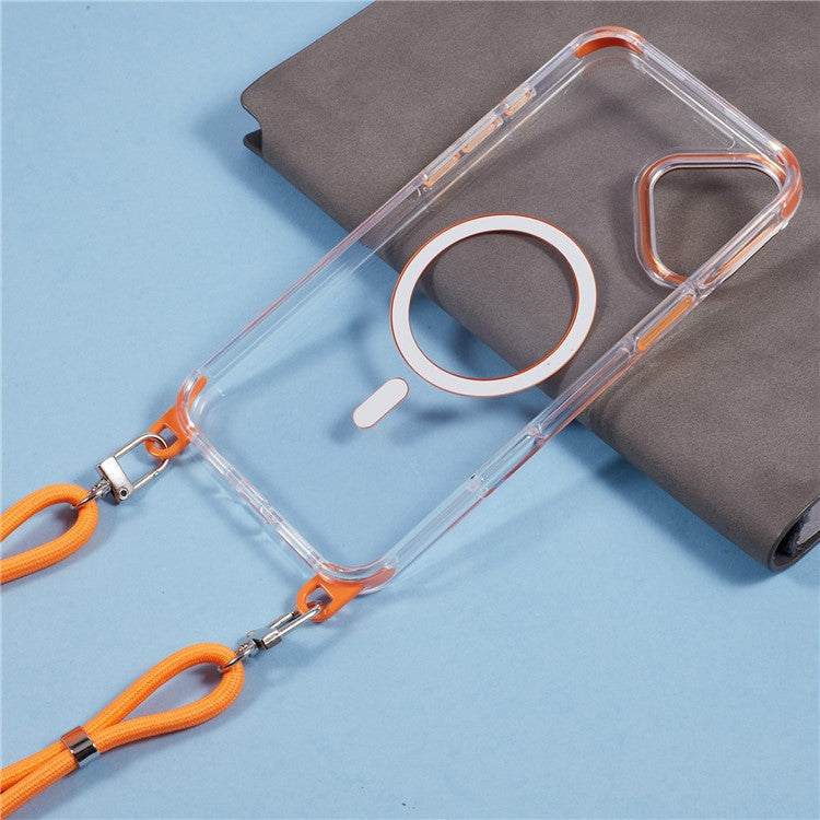 For iPhone 16 Plus Clear Case Compatible with MagSafe Shockproof PC+TPU Phone Cover with Long Lanyard - Orange