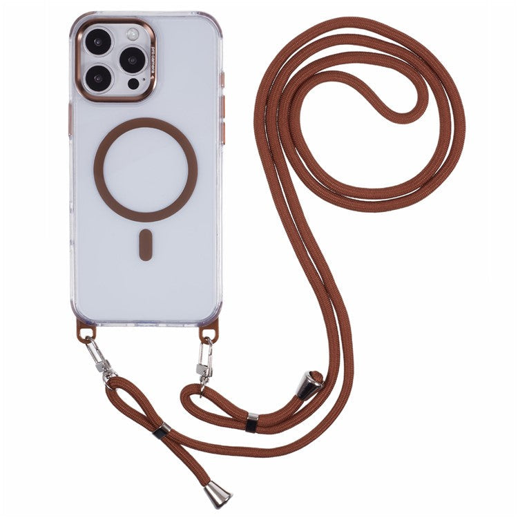 For iPhone 16 Pro Clear Case Compatible with MagSafe Shockproof PC+TPU Phone Cover with Long Lanyard - Retro Gold
