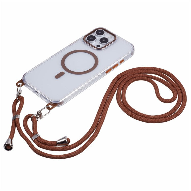 For iPhone 16 Pro Clear Case Compatible with MagSafe Shockproof PC+TPU Phone Cover with Long Lanyard - Retro Gold