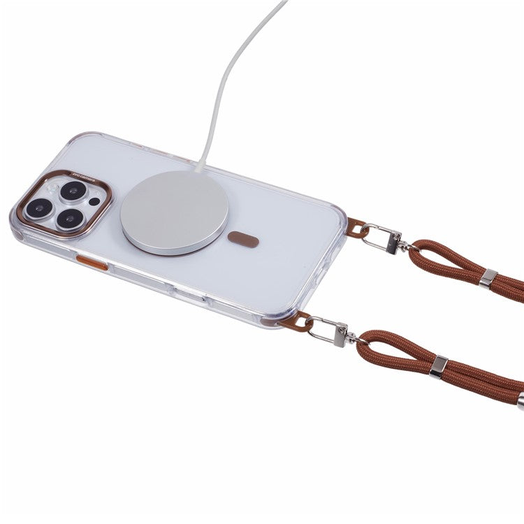 For iPhone 16 Pro Clear Case Compatible with MagSafe Shockproof PC+TPU Phone Cover with Long Lanyard - Retro Gold