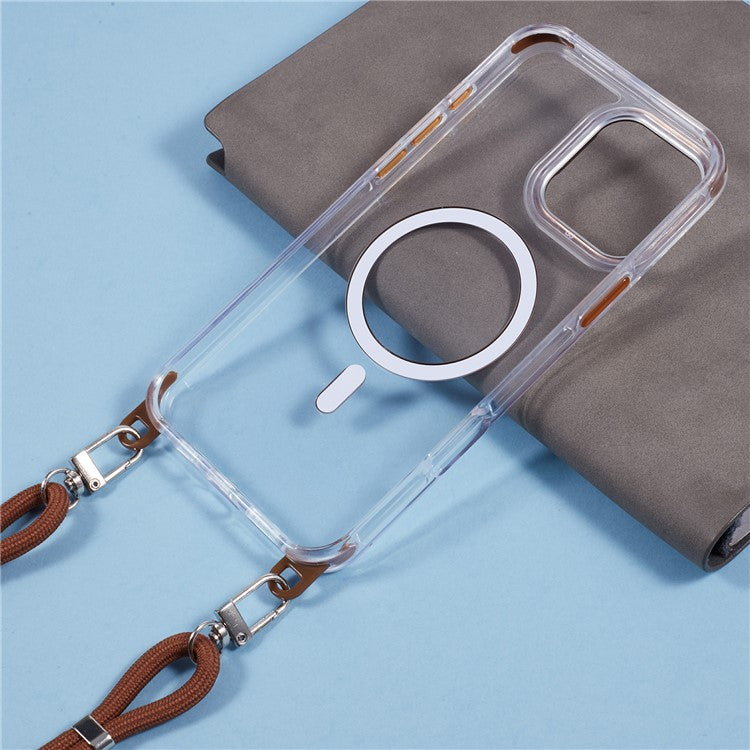 For iPhone 16 Pro Clear Case Compatible with MagSafe Shockproof PC+TPU Phone Cover with Long Lanyard - Retro Gold